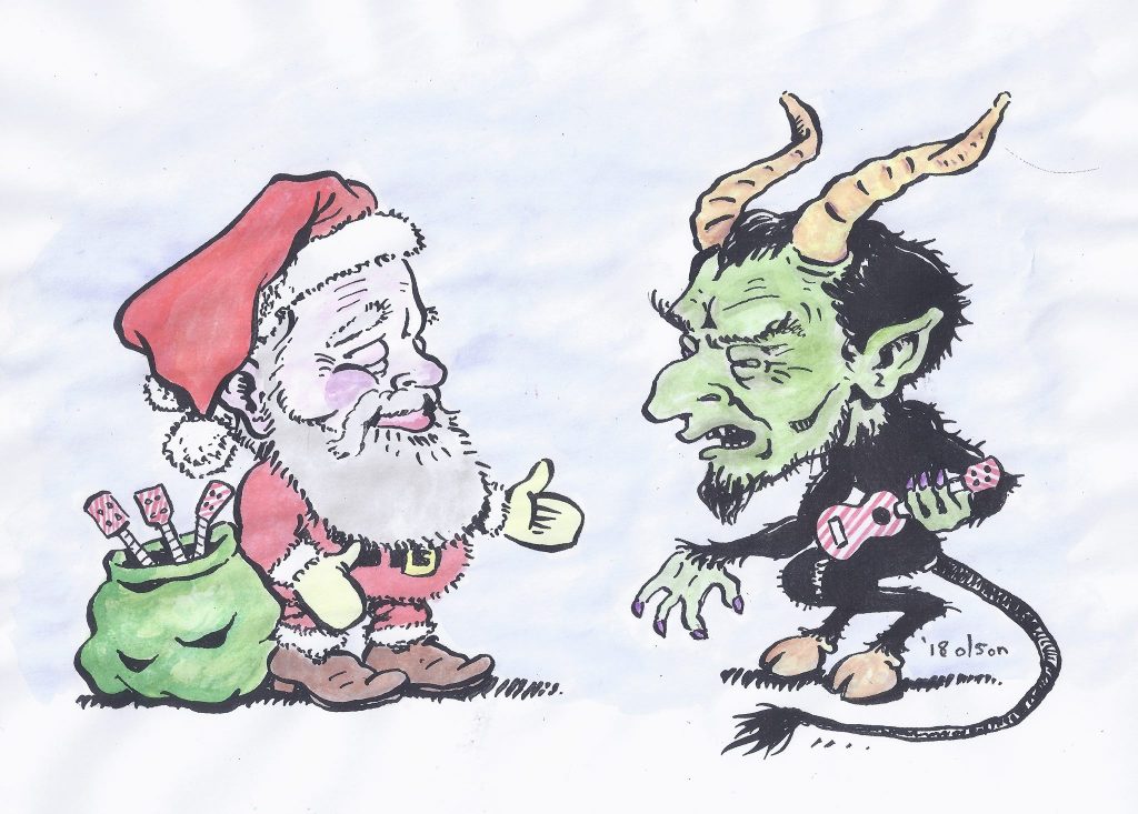Santa Clause Meeting Krampus. Illustration by David Olson. Copyright David Olson. All rights reserved.